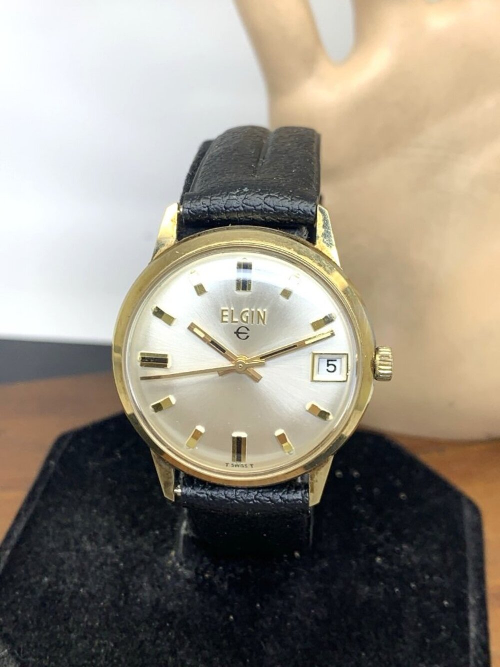 Elgin Men's Watch Vintage Swiss Mechanical Silver Dial Leather Band 33.5mm